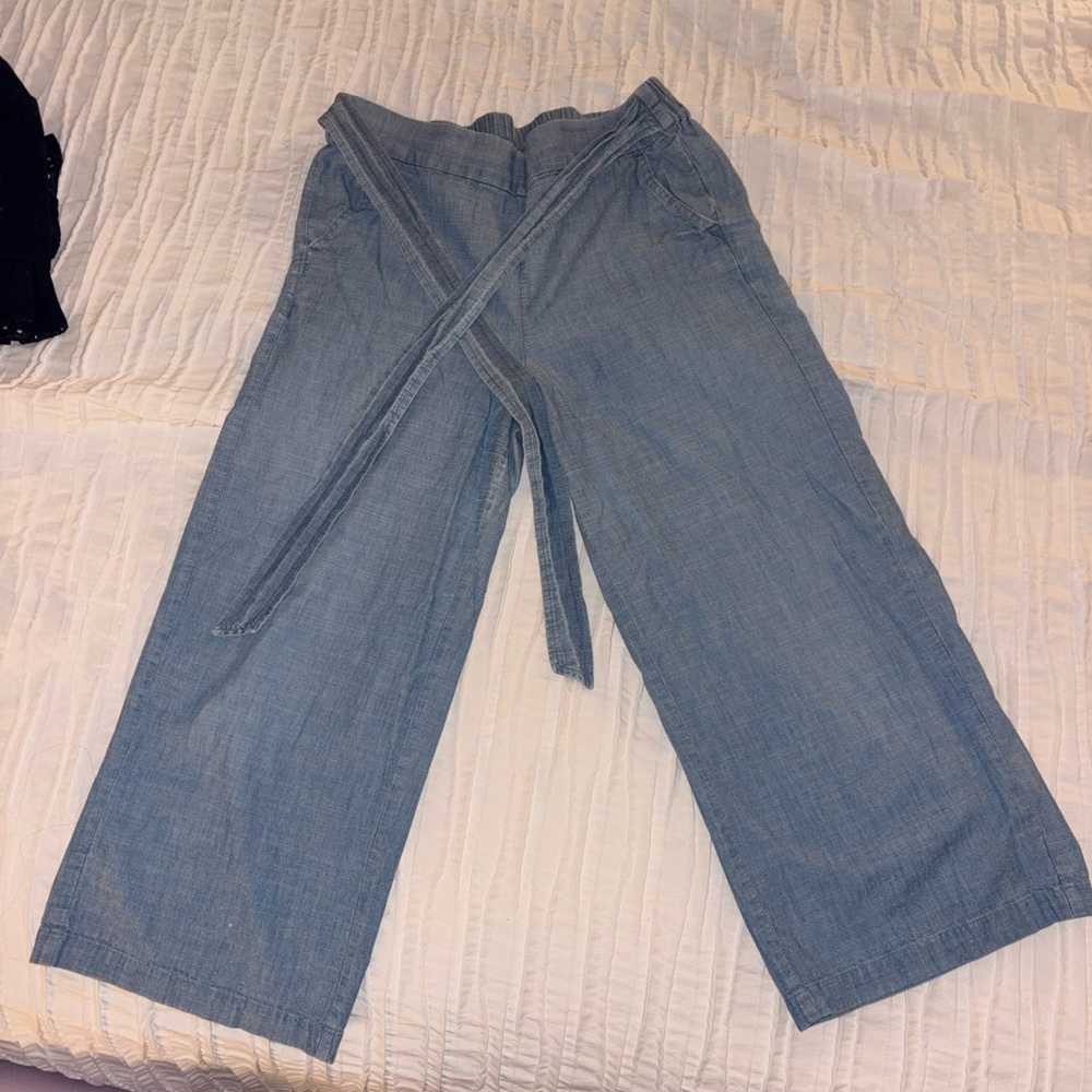 J. Crew Blue Chambray Bow cotton lightweight Flare Wide Leg Goucho Pants 10 - Picture 2 of 7